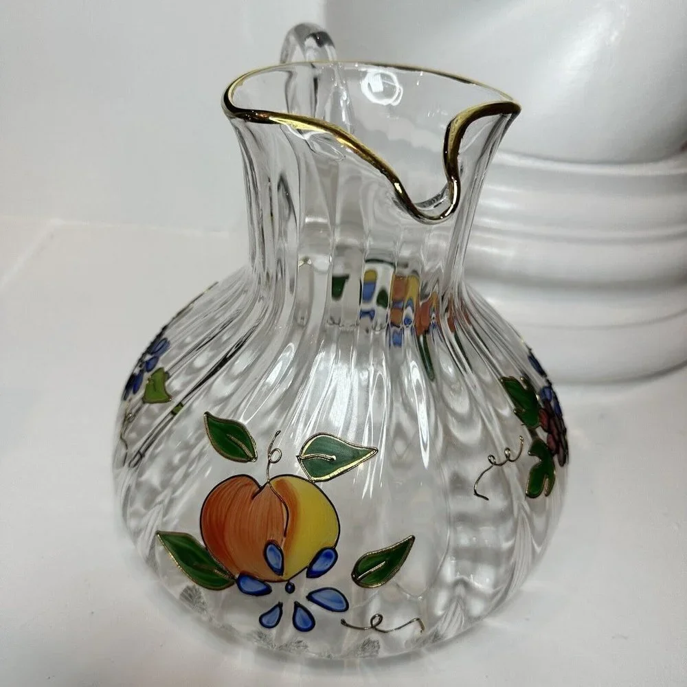 Crystal Clear Pitcher 8‎ Inch Ribbed Venetian Fruit 22K Gold Trim Romania 96 oz
